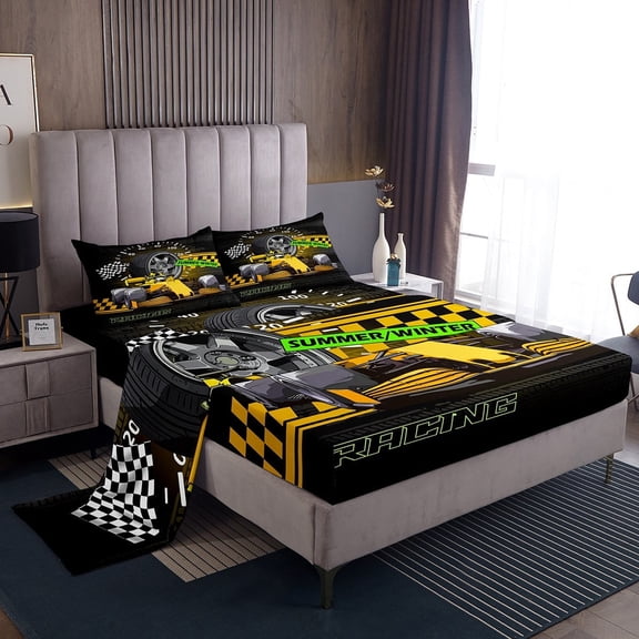 Erosebridal Yellow Car Sheet Set Twin,Extreme Sport Bedding Sets Twin Size,Geometric Buffalo Twin Sheet Sets,Breathable Automobile Room Decor,3pcs