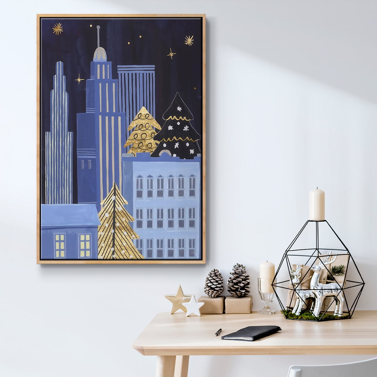 Holiday Night Collection B - Framed Gallery Wrapped Holiday Canvas - 17 x 25 - Natural Wood Frame