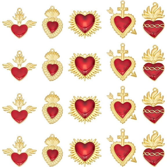 1Set 20Pcs 5Styles Heart Charm Alloy Enamel Pendants Golden Sacred Heart Charm Red Heart Thistles Thorns Fancy Enamel Charm for Jewelry Making Charms Valentine's Day DIY Crafts Supplies