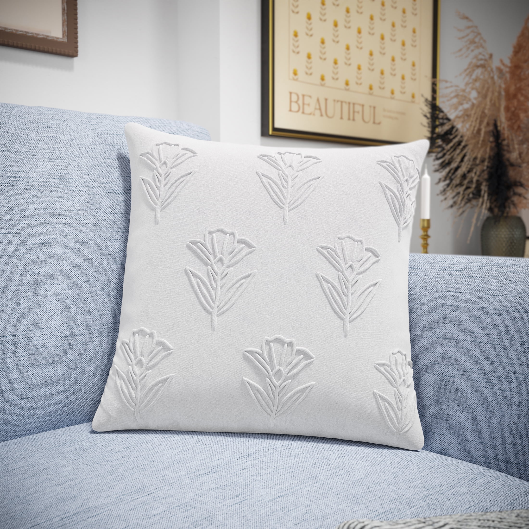 (2 pack) Beautiful Floral Pleated Cotton Decorative Pillow by Drew Barrymore, 20" x 20", White