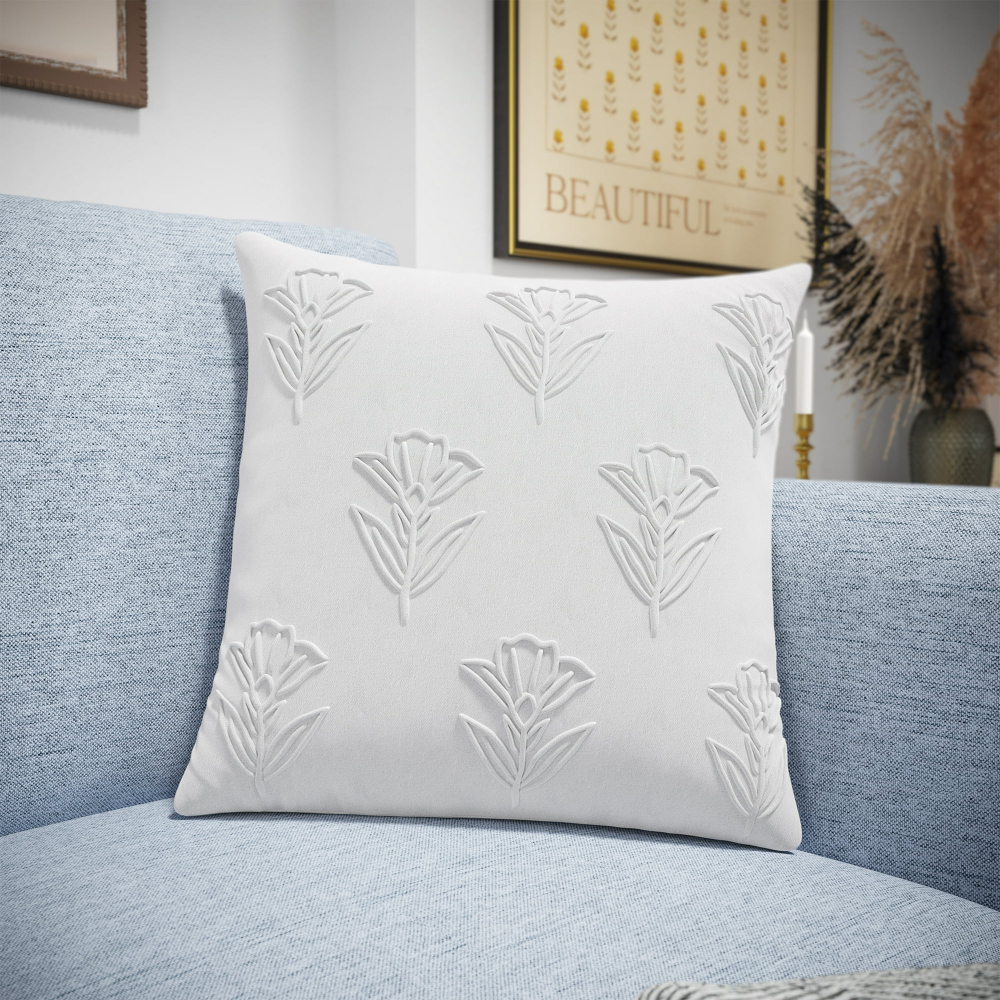 Beautiful Floral Pleated Cotton Decorative Pillow by Drew Barrymore, 20" x 20", White