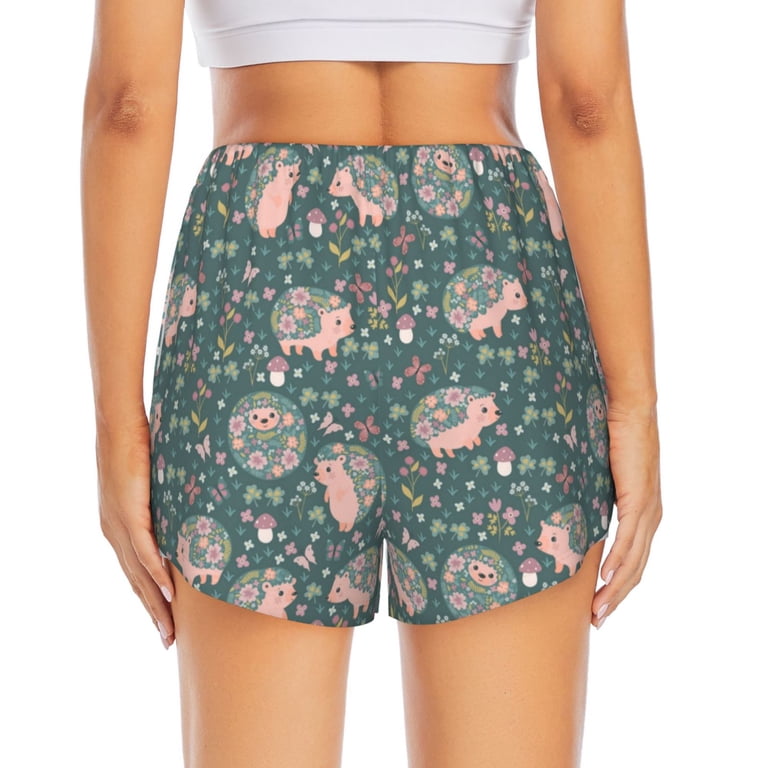 Haiem Hedgehogs and Flowers Women's 2 in 1 Running Shorts