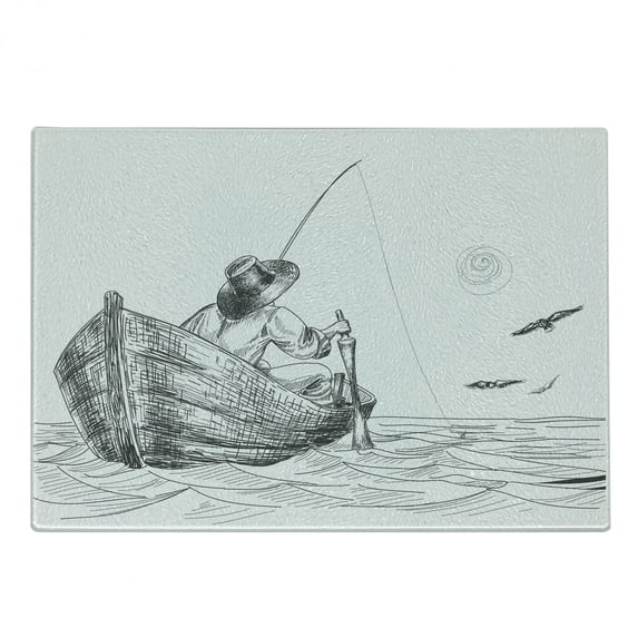 Seagulls Cutting Board, Fisherman with Hat in Boat on Sunny Day Pencil Sketch Styled Illustration, Decorative Tempered Glass Cutting and Serving Board, Small Size, Charcoal Grey White, by Ambesonne