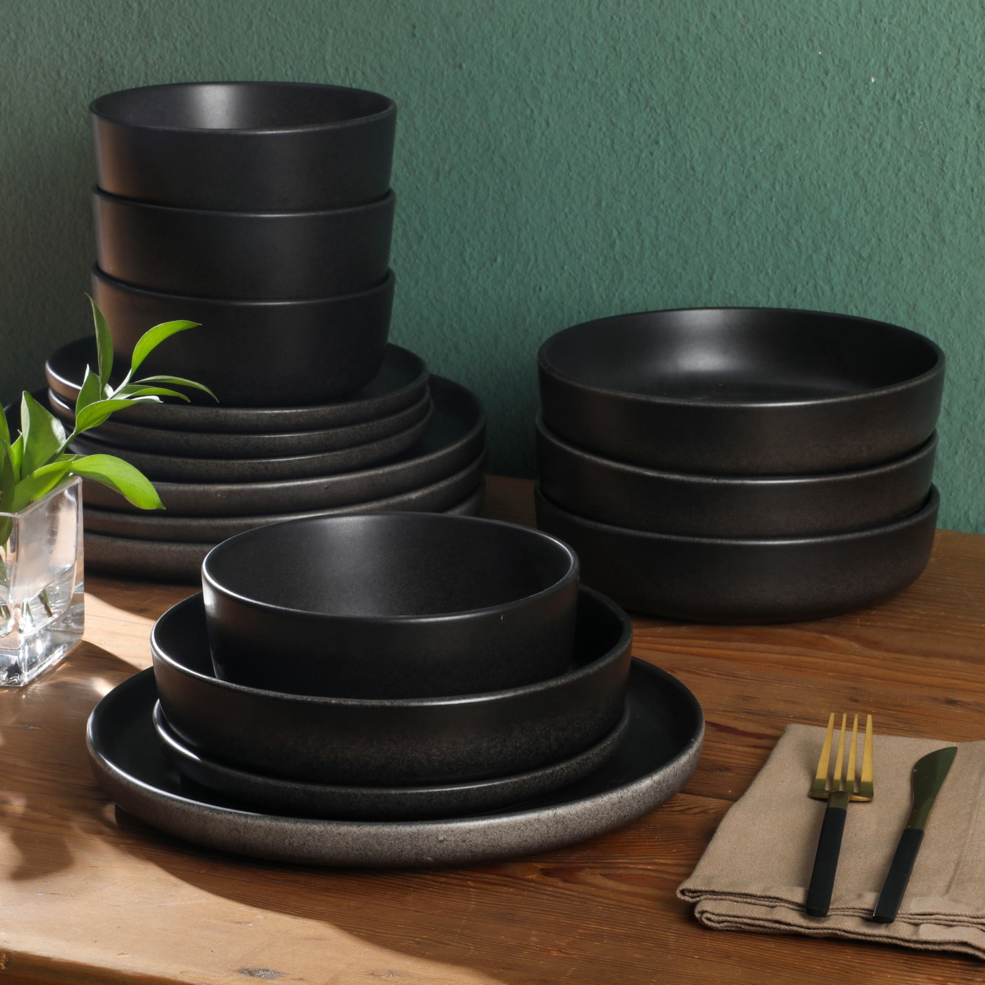 Gibson Soho Lounge Pasco 16 Piece (Service for 4) Plates and Bowls Double Bowl Reactive Glaze Dishes Stoneware Ceramic Dinnerware Set - Black