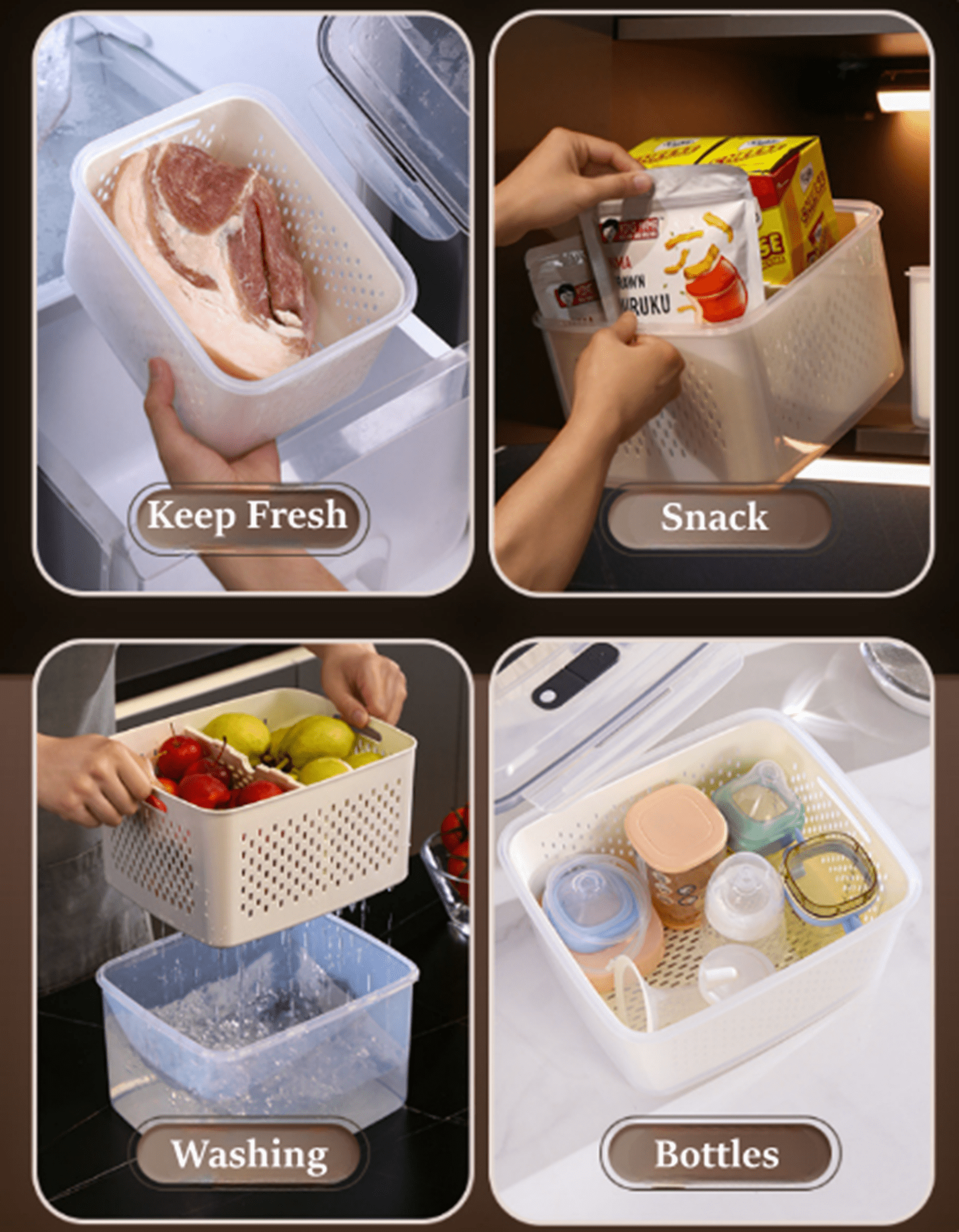 Bxaolu 4 PCS Fruit Storage Containers for Fridge with Removable Colander, Airtight Food Storage Container, Dishwasher Safe Produce Saver for Refrigerator, Keep Berry Fruit Fresh Longer