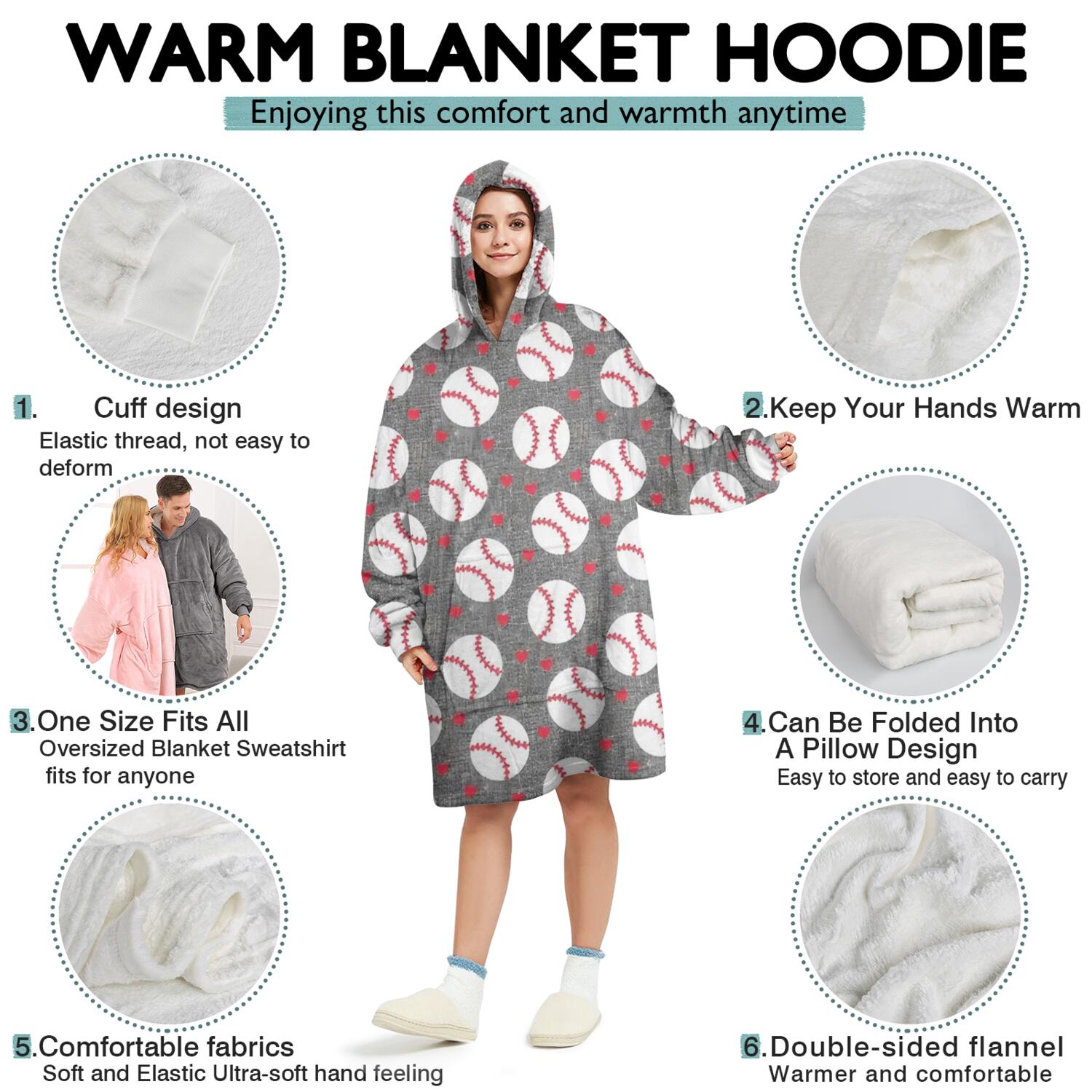 Baseballs and Love Wearable Oversized Blanket,Wearable Blanket Hoodie for Adults,Cozy Hooded Blankets with Super Pockets,Super Warm Fuzzy Pullover for Women & Men