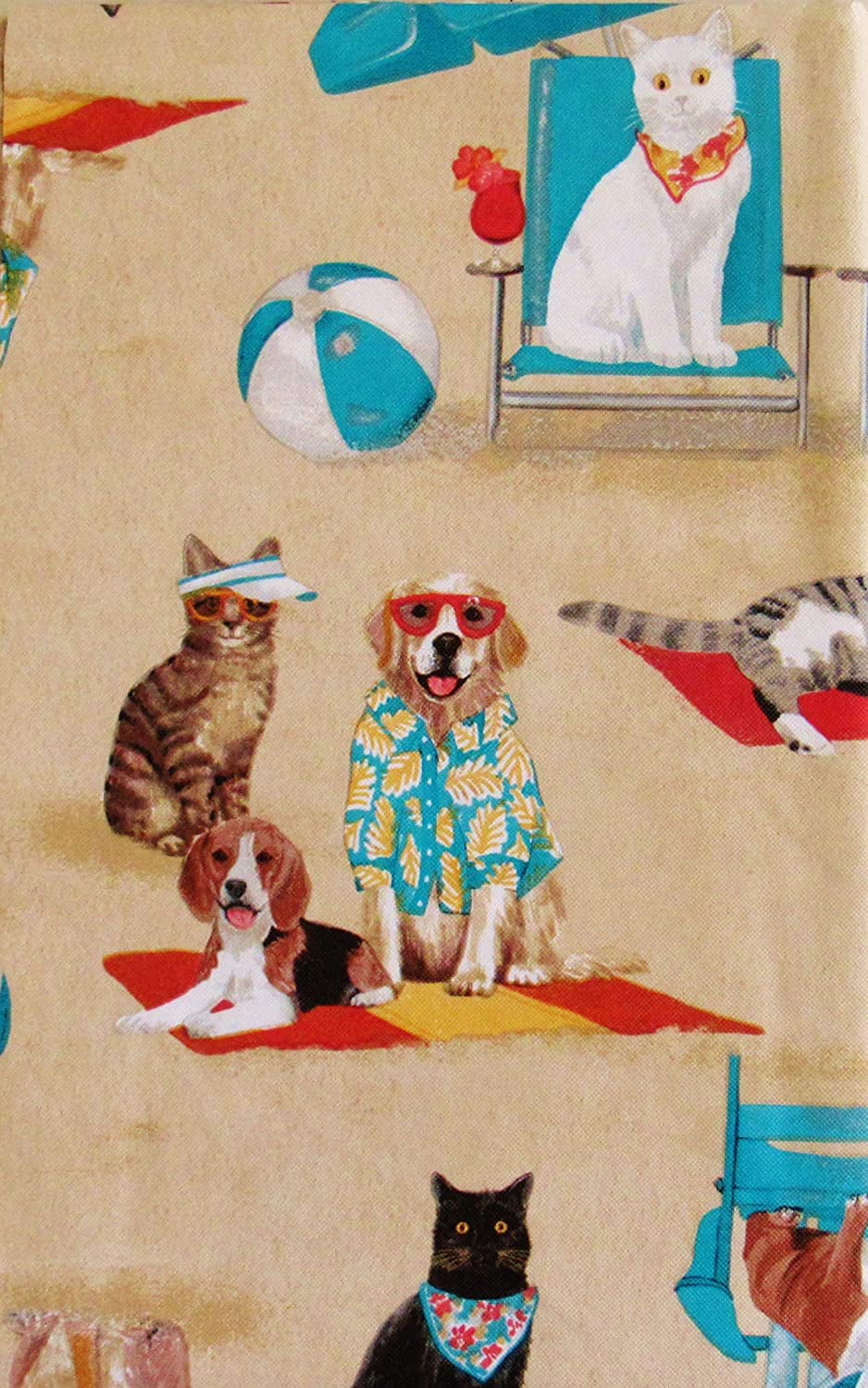 Summer Fun Vinyl Tablecloth Flannel back 60”Inch Round Cats At The Beach 