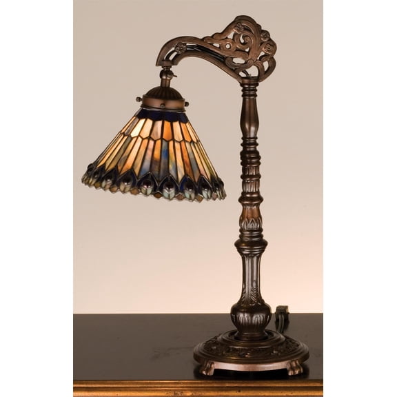 Meyda Lighting 19'H Tiffany Jeweled Peacock Bridge Arm Desk Lamp - 32738
