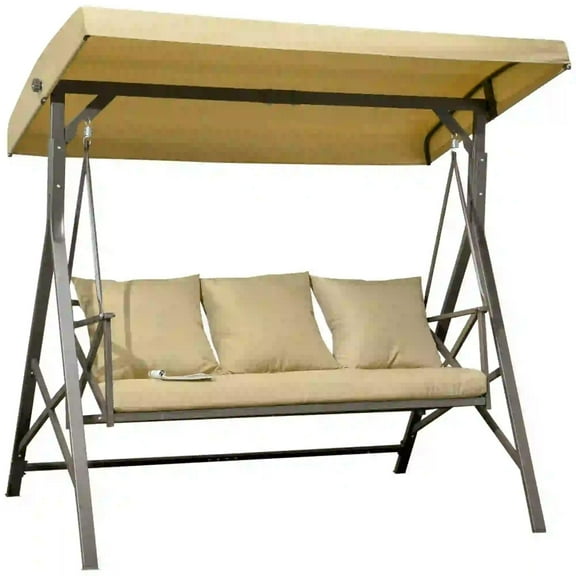 Resenkos 3-Seat Swing Chair, Cozy Porch Glider With Cushions, 3 Pillow Set, Sunshade Canopy, Khaki