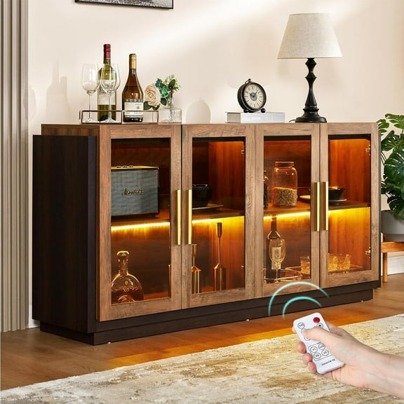VANACC Sideboard Buffet Cabinet with Storage, Modern Wood Glass-Buffet Cabinet with LED Light Brown