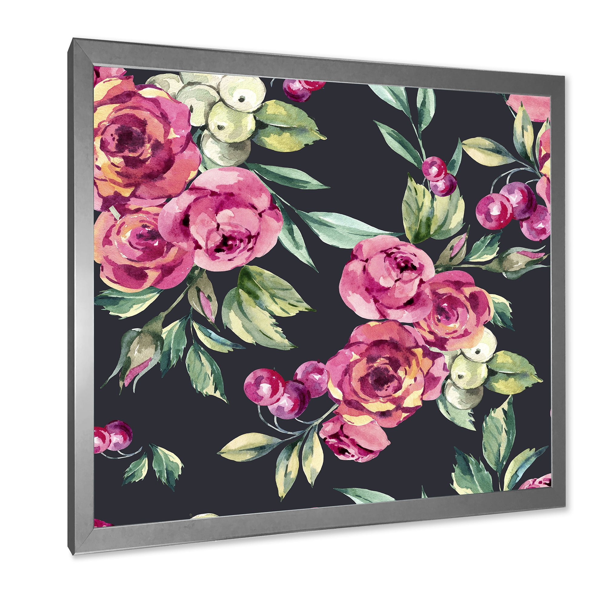 Designart 'Red VIntage Roses and Berries On Black Background' Farmhouse Framed Art Print