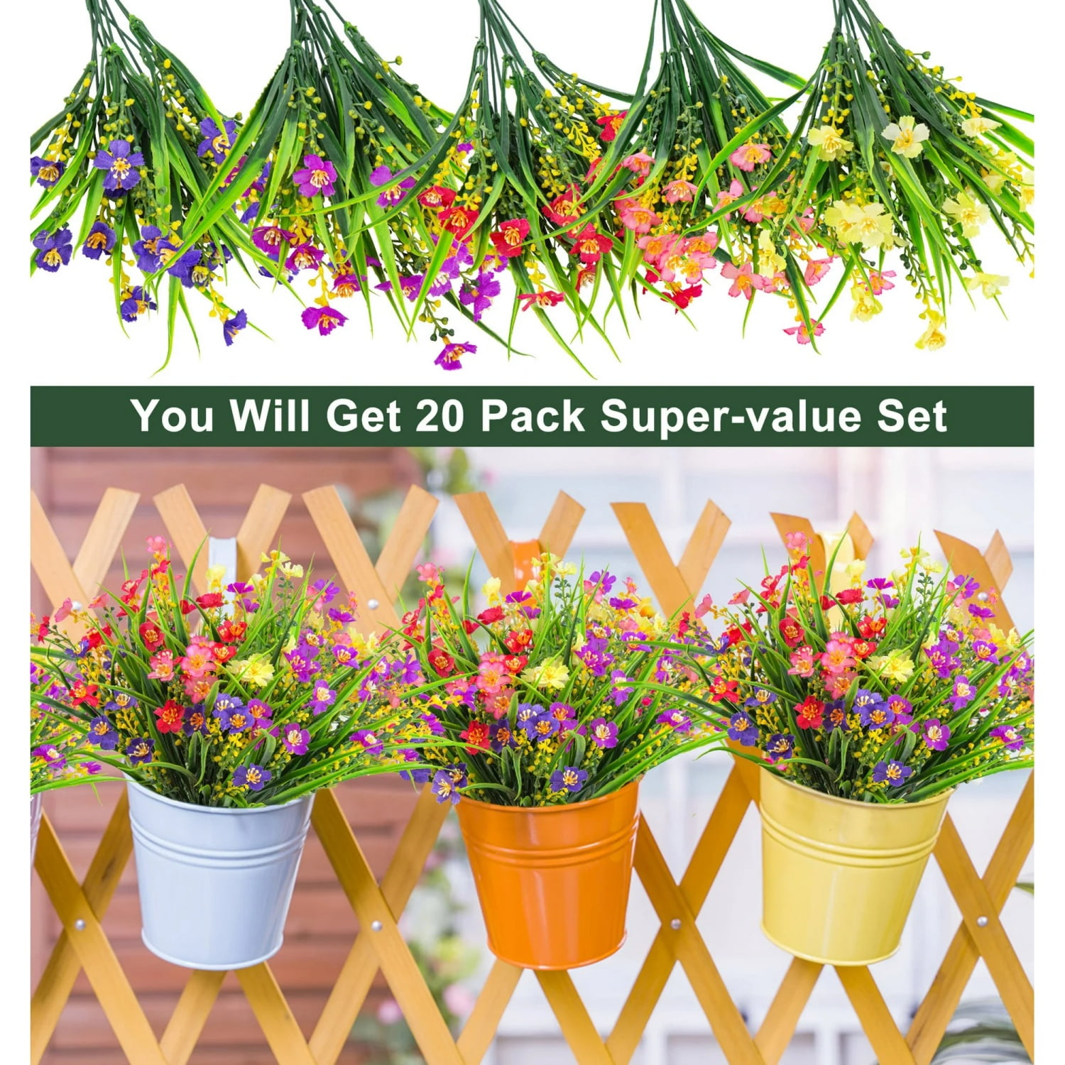 20 Bundles Artificial Flowers , Plastic UV Resistant Faux Plants for Indoor Outdoor Home Decor, Spring Summer Garden Porch Decoration (Multicolor)
