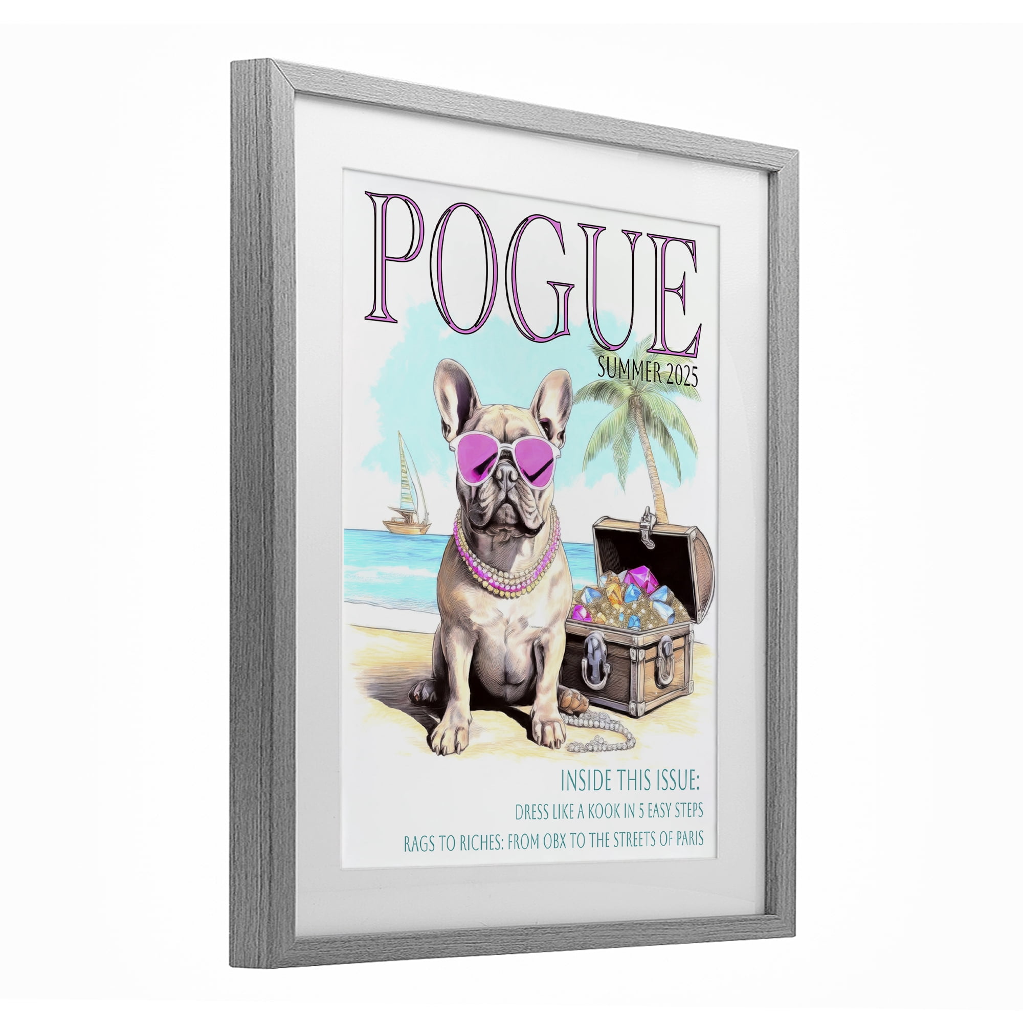 Stupell Industries Pogue Summer Dog Fashion Gray Framed Print Under Glass, design by Grotto Studios