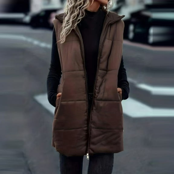 Roncen Women's Fall Winter Vest - Mid-Length Loose Fit Sleeveless Hooded Outerwear - Zip-Up Front with Solid Color Design for Casual Streetwear