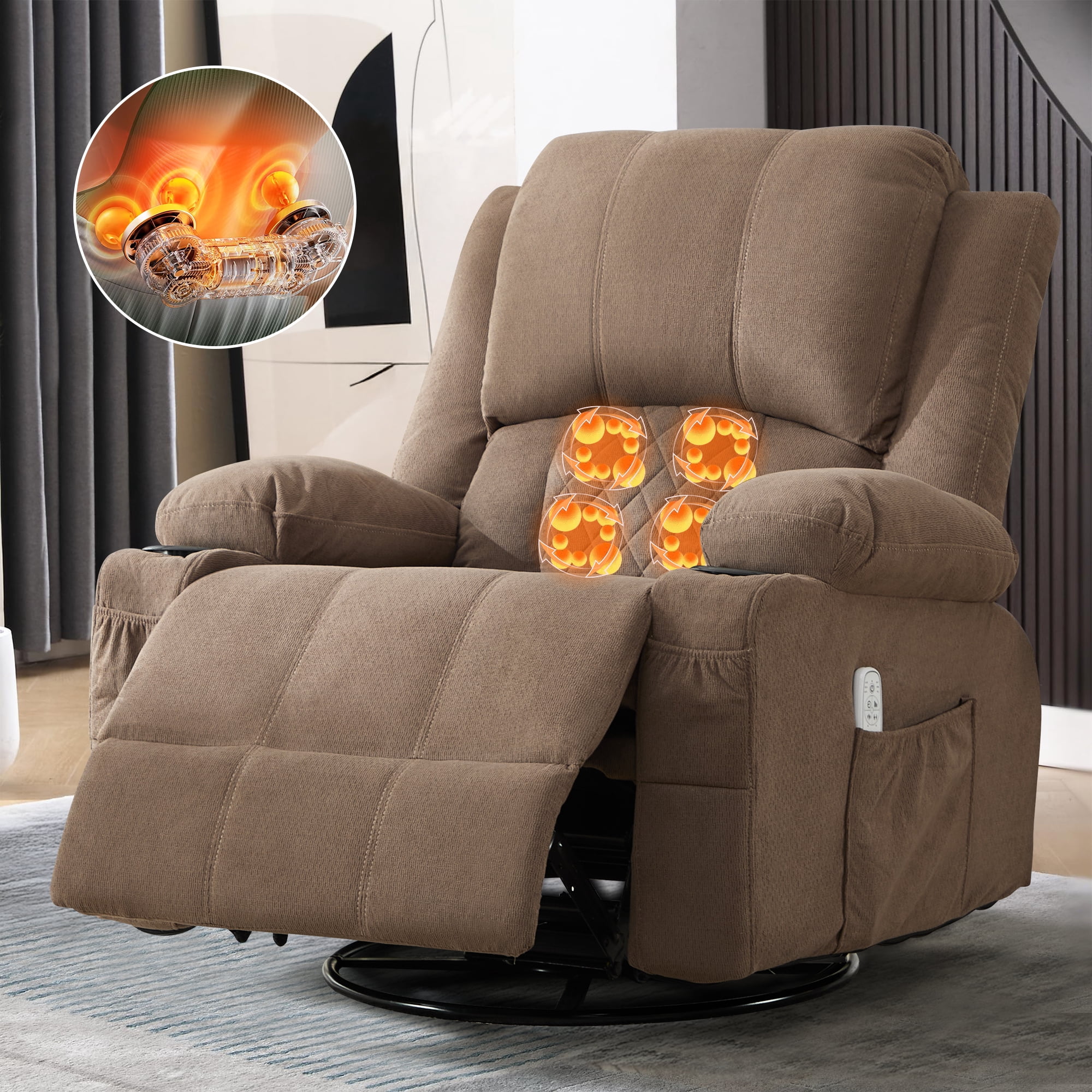 JONPONY Kneading Massage Rocker Recliner Chair with 4-Point 3D Kneading Massage and Heat Ergonomic Lounge Chair for Living Room with Rocking Function and 2 Cup Holders, USB Charge Port,Brown