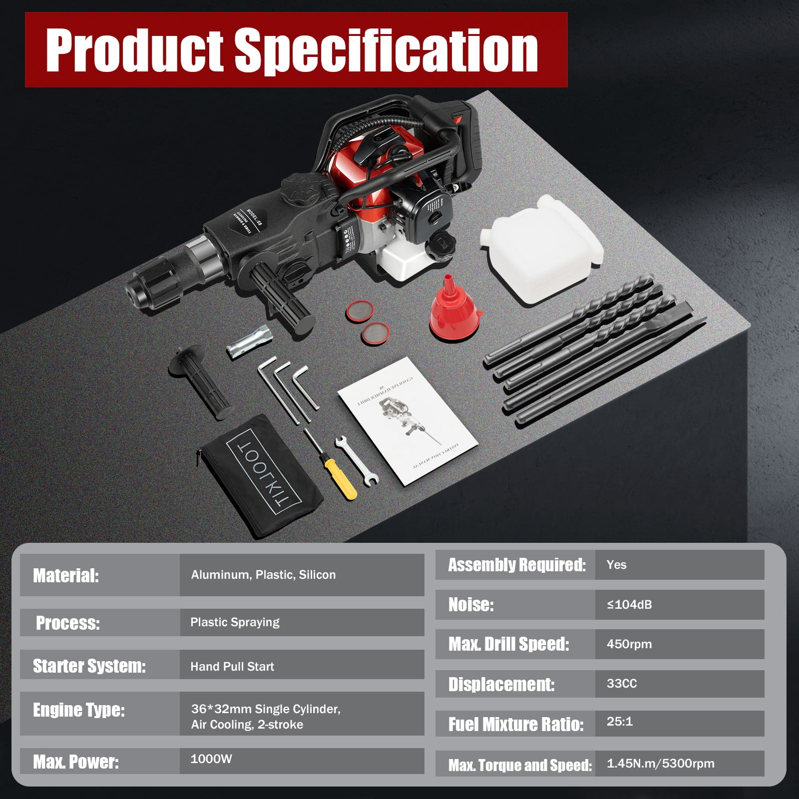 33CC 2-Stroke Gas Hammer Drill, 30J 1000W 3-in-1 Cordless Demolition Tool, for Concrete Brick Rock