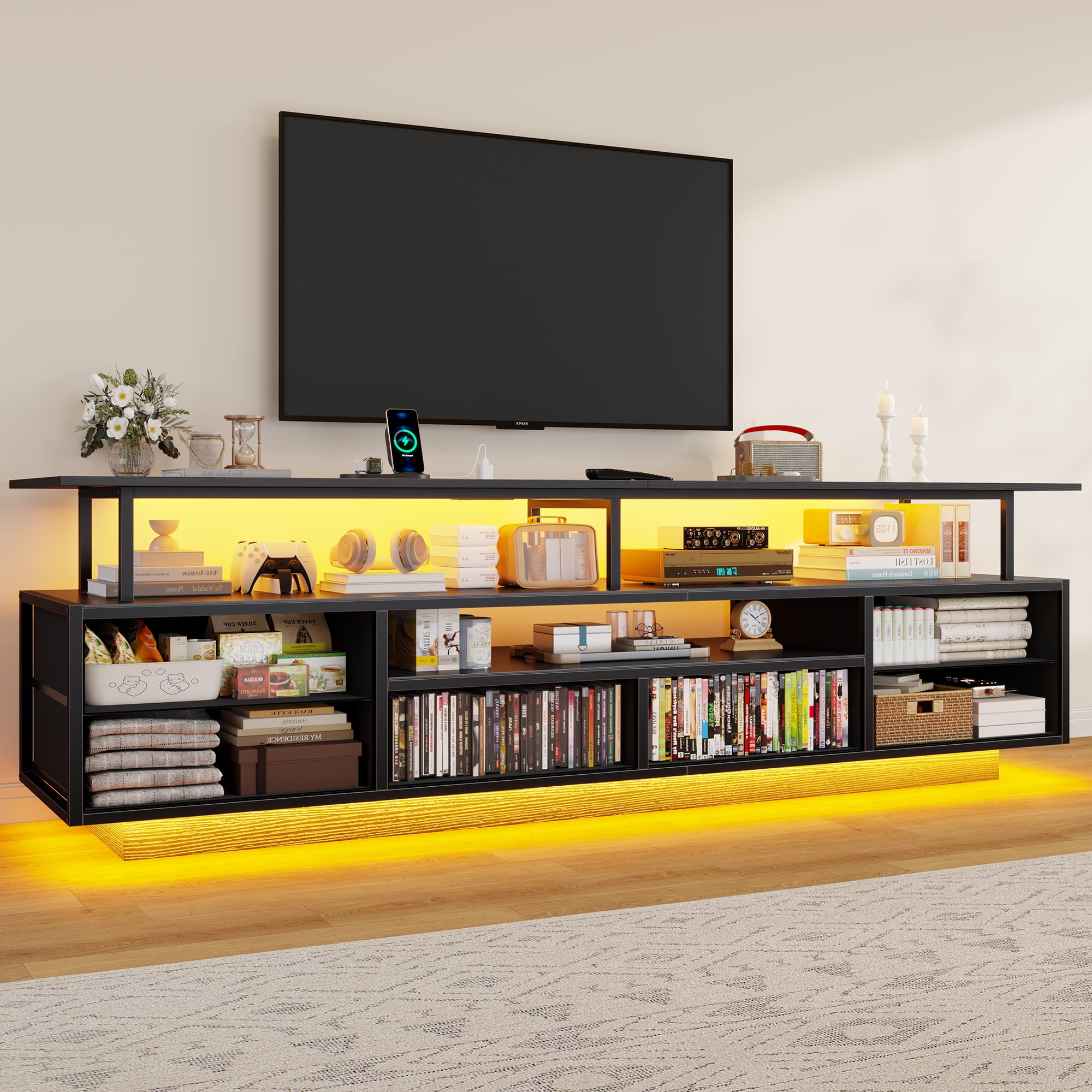 TV Stand with Drawer-6 PU Fabric Drawer- Entertainment Center and Industrial TV Console Table with Open Storage Shelves / LED Lights/ Power Outlets,Black TV Stand for 65 70 Inches TV