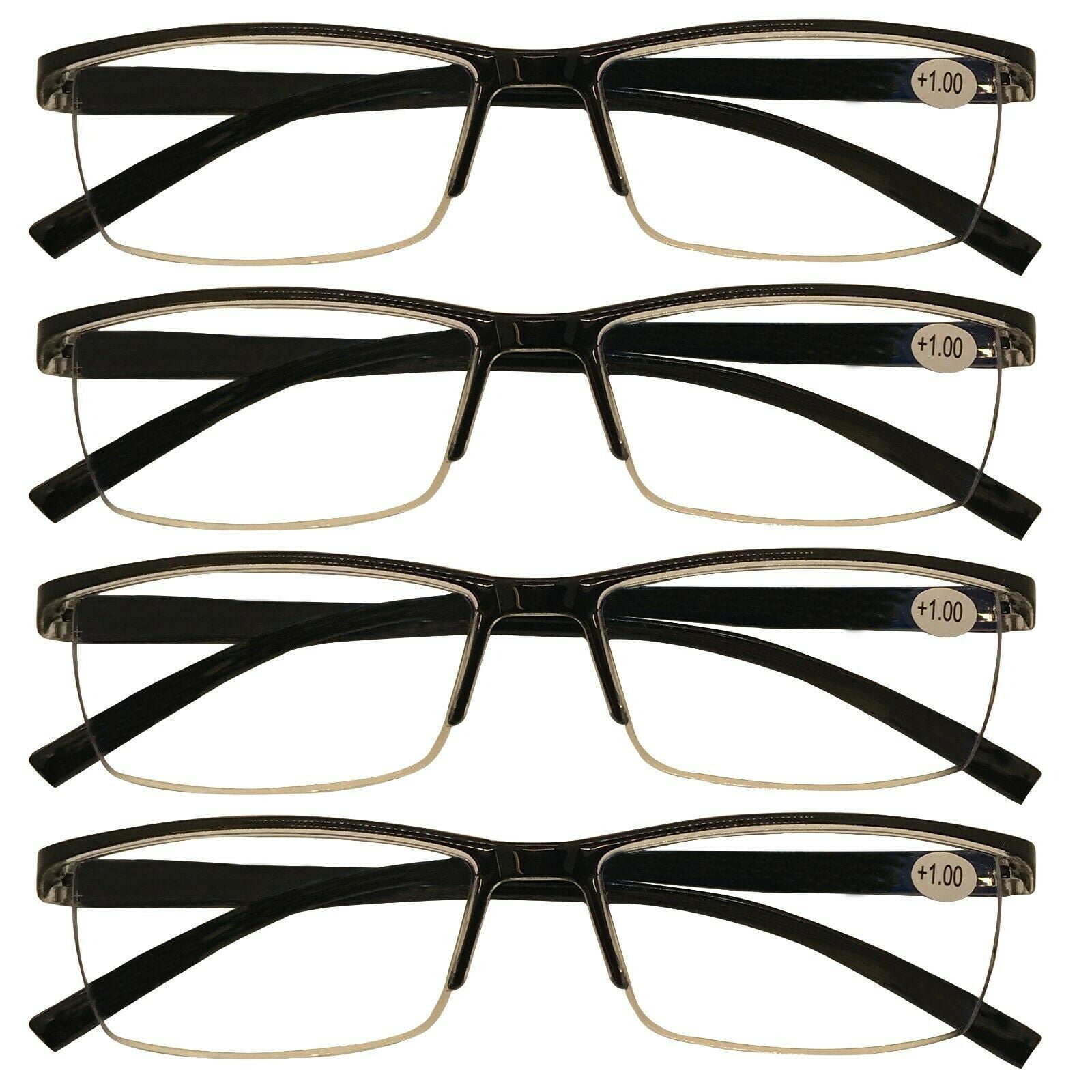 4 Packs Mens Rectangle Half Frame Reading Glasses Blue Light Blocking Black Spring Hinge Readers +2.25