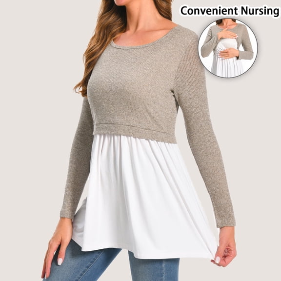 Bearsland Women's Maternity Clothes Nursing Top Crew Neck Long Sleeve Color Block Knit Breastfeeding Shirt
