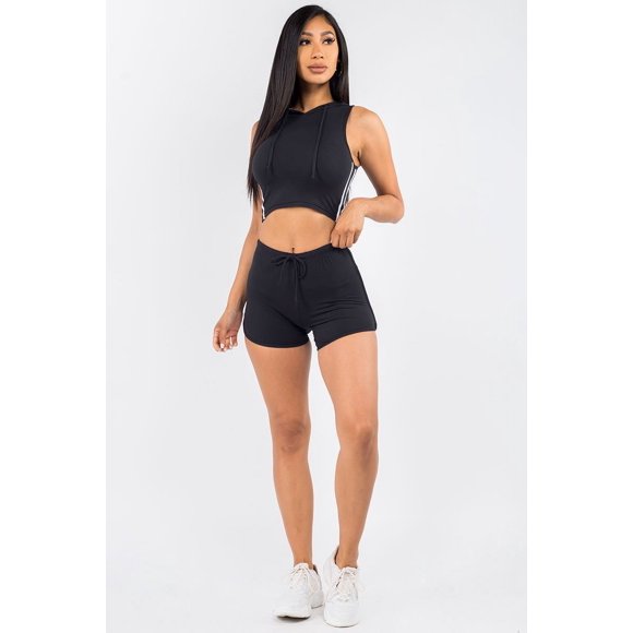 Ensemble de Deux Pièces Teinture sur Nœuds Chandail à Capuchon Court et Shorts