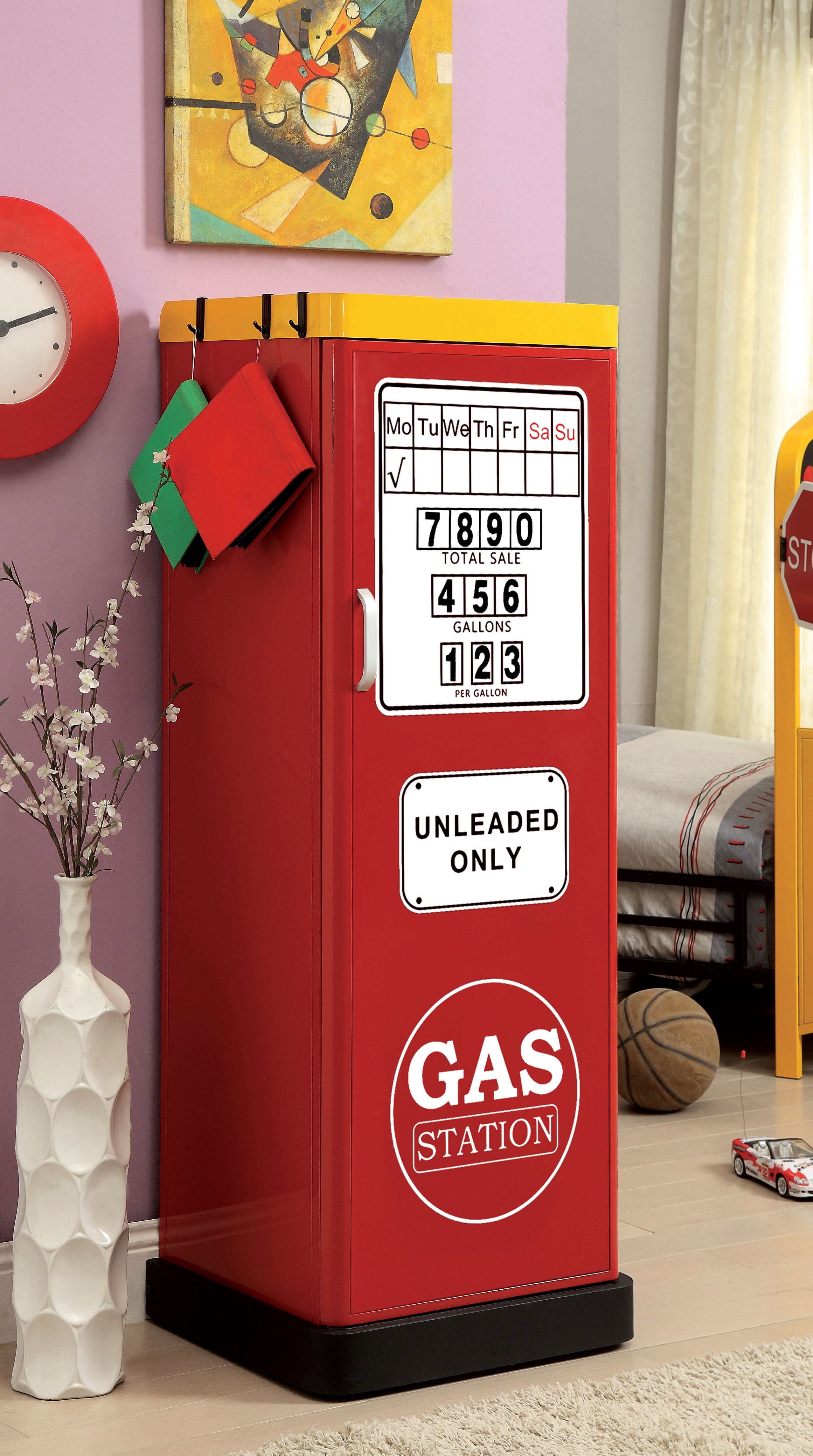 Furniture of America Carles Kid's Room Gas Station Closet in Red Metal Finish
