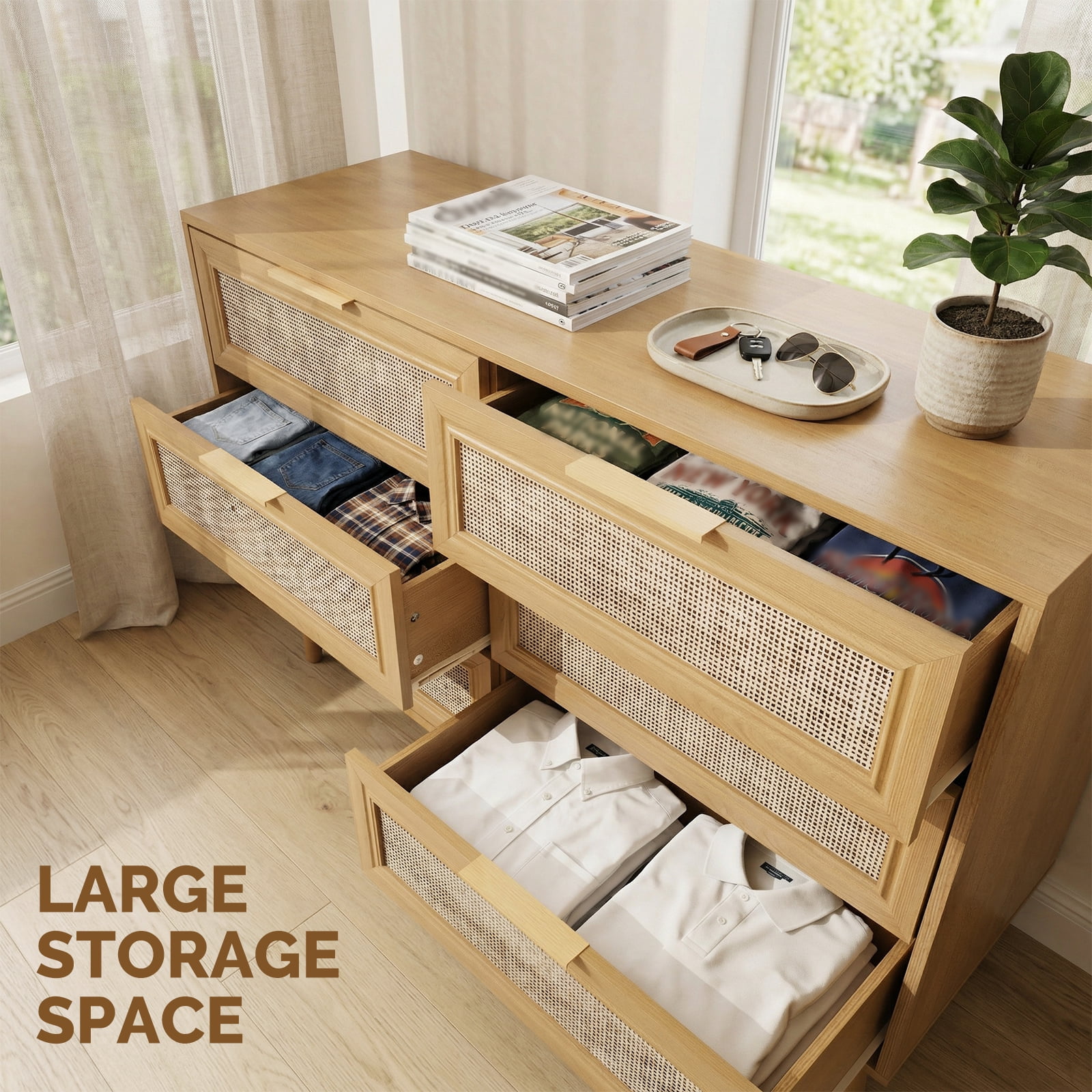 47.2"W Rattan 6 Dresser for Bedroom, Double Wooden Dressers Large Chest of Drawers with Golden Handles,Rattan Buffet Sideboard