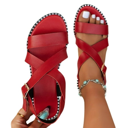 

Homadles Womens Strappy Sandals- Casual Comfortable Beach Shoes Summer Flat Sandals Red Size 6.5