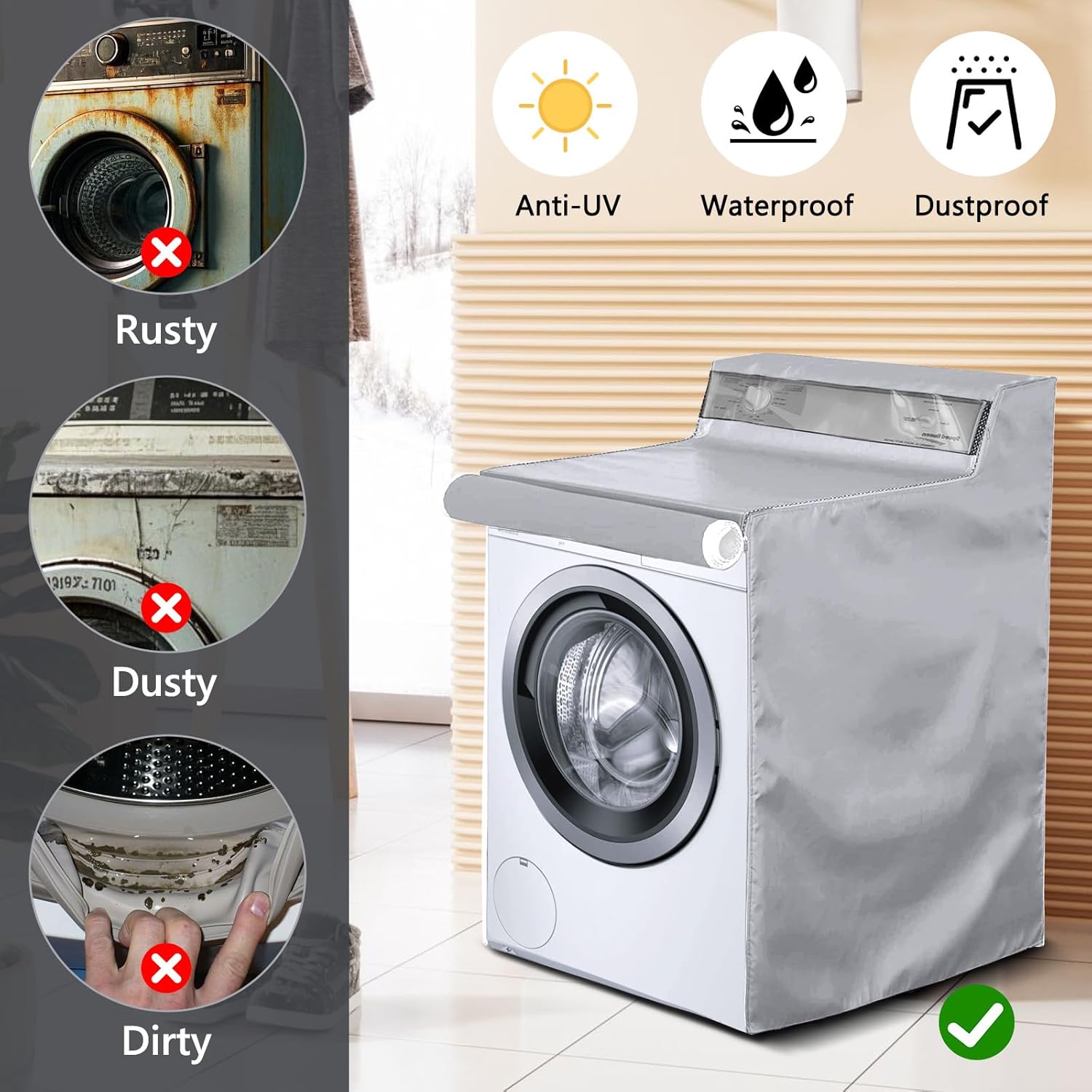 ABPETE 1 Pack Washing Machine Cover, Waterproof Dustproof Washer Dryer Cover with Zipper and Perspective Window ,Fit for Front Load or Top Washer and Dryer 27"Wx26"Dx43"H,Silver