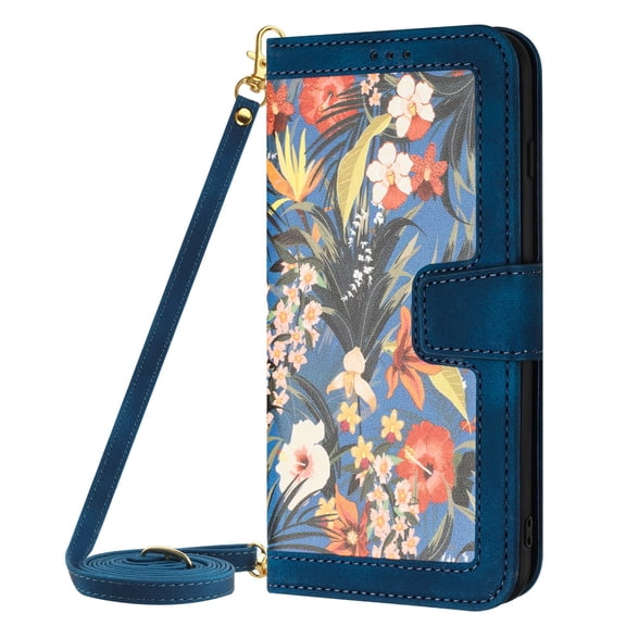 Dteck Crossbody Shoulder Strap Case for iPhone 18 Pro, Lovely Flower PU Leather Wallet Card Slots Folio Magnetic Stand Protective Cover,Dark Blue