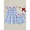 thumbnail image 5 of BemeyourBBs Kids Toddler Baby Girls 4th Of July Outfit Summer Smocked Dress Patriotic Clothes USA Letter Bow Embroidered Round Neck Fly Sleeve Casual Holiday Party Dress, 5 of 9
