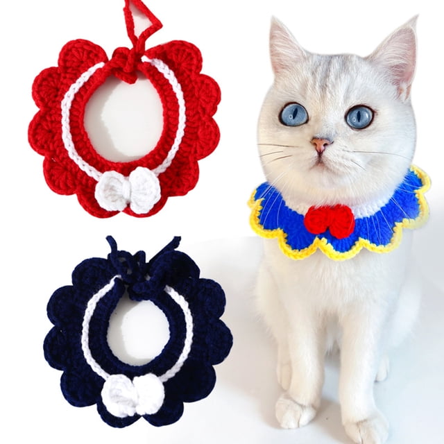 Flmtop Handmade Knitting Adjustable Flower Bow Knot Cat Bib Pet Collar Accessories Blue