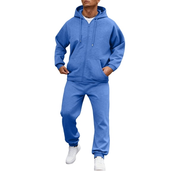 Kixjoy Sweatsuits for Men Zip up Hoodie and Sweatpants Set Big and Tall Fashion Winter Sweatsuit Soild Long Sleeve Thermal Mens Sweatsuit with Pockets, Blue M