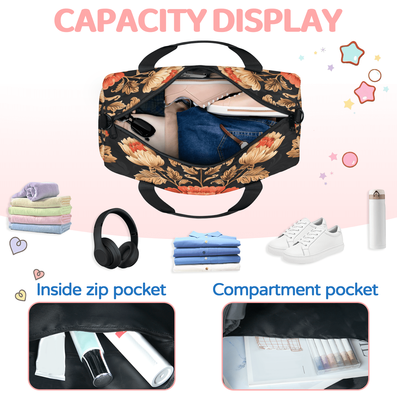 Herdesigns Vintage Gym Bag for Women, Duffle Bag for Travel Sport, Floral Lightweight Waterproof Carry on Weekender Dance Yoga Workout Bags