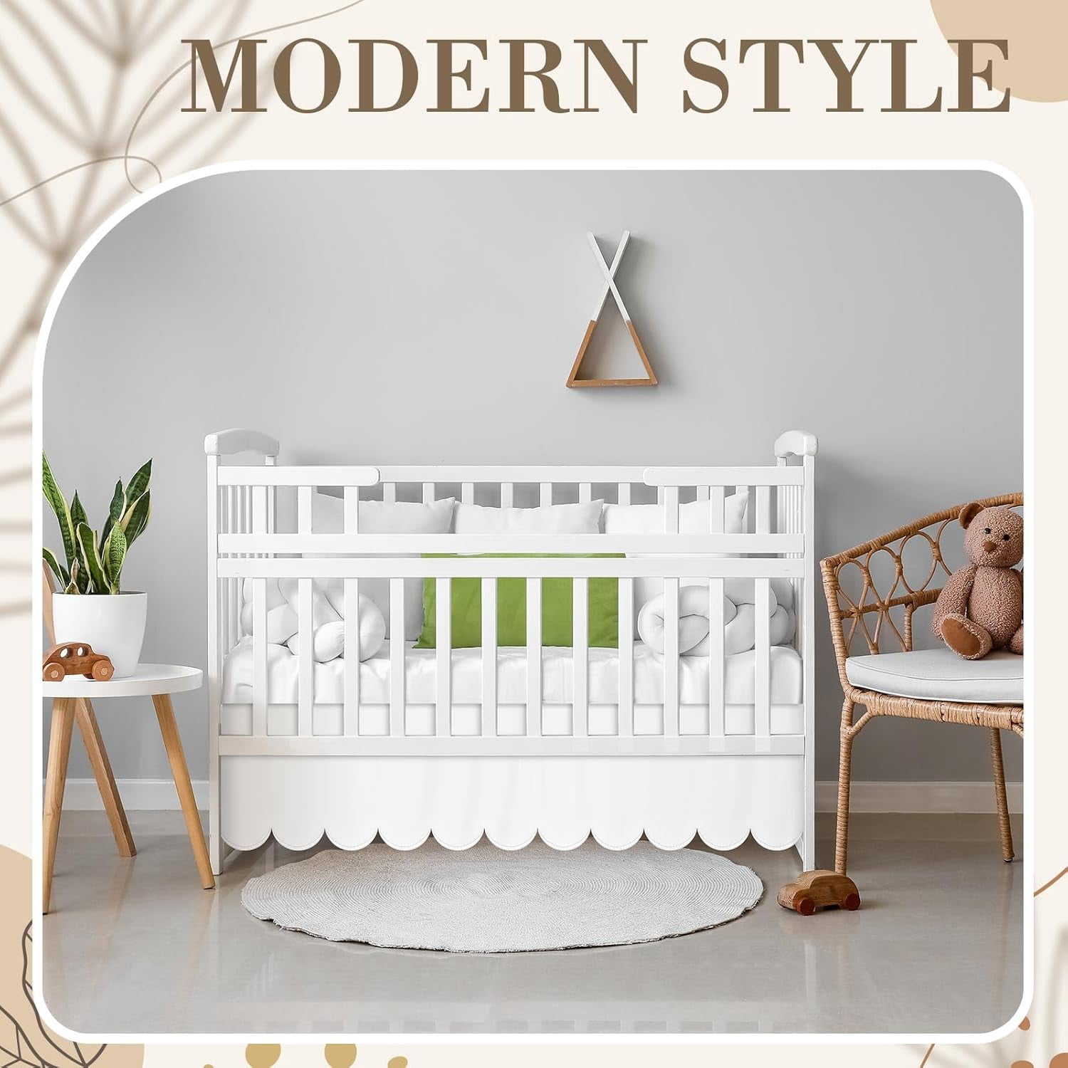 AUQ White Scalloped Crib Skirt; Drop Pleated Dust Ruffle with Split Corners for Baby Boys Girls Soft 4-Sided Crib Bed Skirt Nursery Standard Toddler Bedding