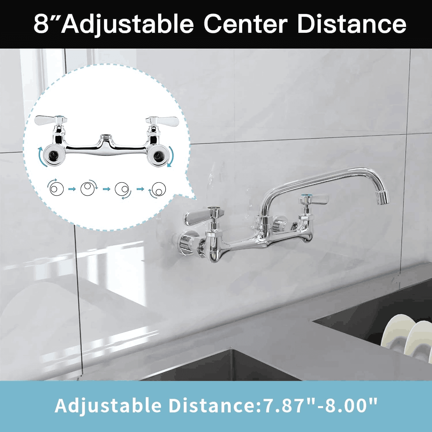 Chrome Commercial Sink Faucet with 8” Swivel Spout 8" Center Wall Mount Kitchen Faucet, Dual Handles Brass Utility Sink Faucet for Laundry Room Restaurant