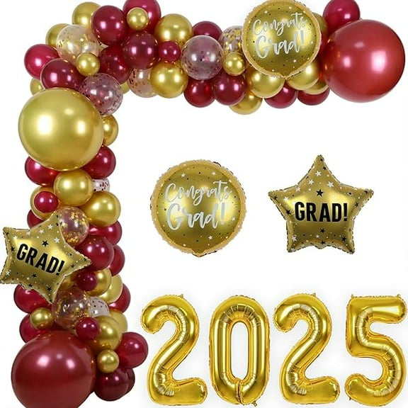 2025 Graduation Balloon Arch Garland Kit, Burgundy and Gold Balloon Arch Class of 2025 Party Decorations with 32" 2025 Foil Balloons for College High School Congrats Grad Party Supplies