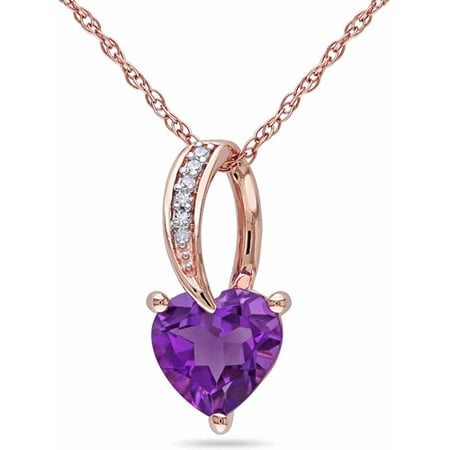 1-1/7 Carat T.G.W. Amethyst and Diamond Accent 10kt Rose Gold Heart Pendant, 17