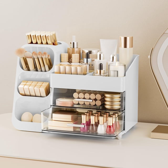 Organizador de maquillaje Delamu con cajones para tocador, color blanco