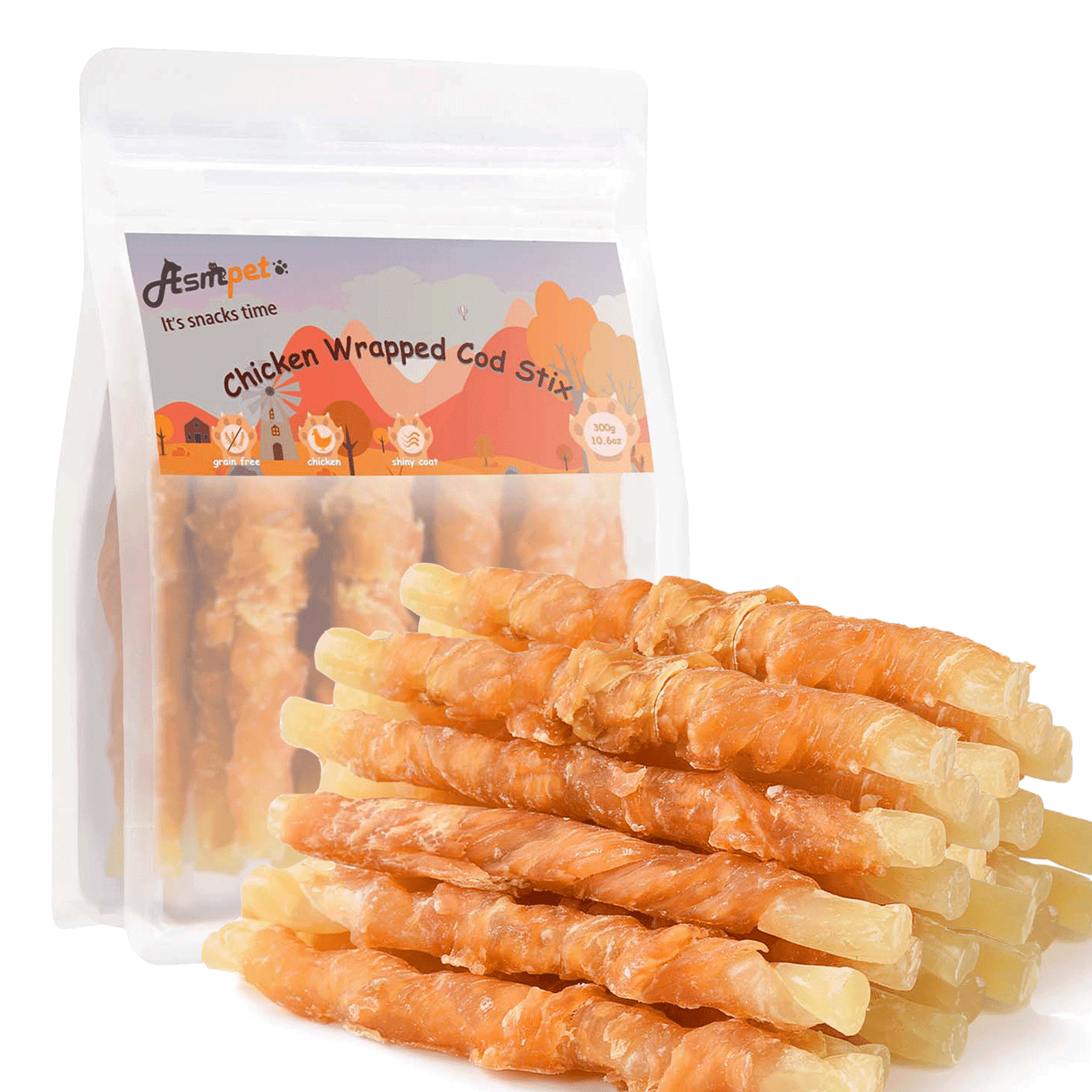 ASMPET Rawhide Free Dog Treats Chicken Jerky Wrap Cod Sticks High Protein Treats for Dogs, Soft Chewy Healthy Natural Treats, 15pcs, 11oz