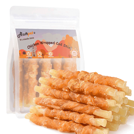 ASMPET Rawhide Free Dog Treats Chicken Jerky Wrap Cod Sticks High Protein Treats for Dogs Soft Chewy Healthy Natural Treats 15pcs 11oz