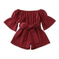 thumbnail image 1 of Cute Little Baby Girl Solid Color Off-shoulder Trumpet Sleeve Waist Bandage Jumpsuits, 1 of 4