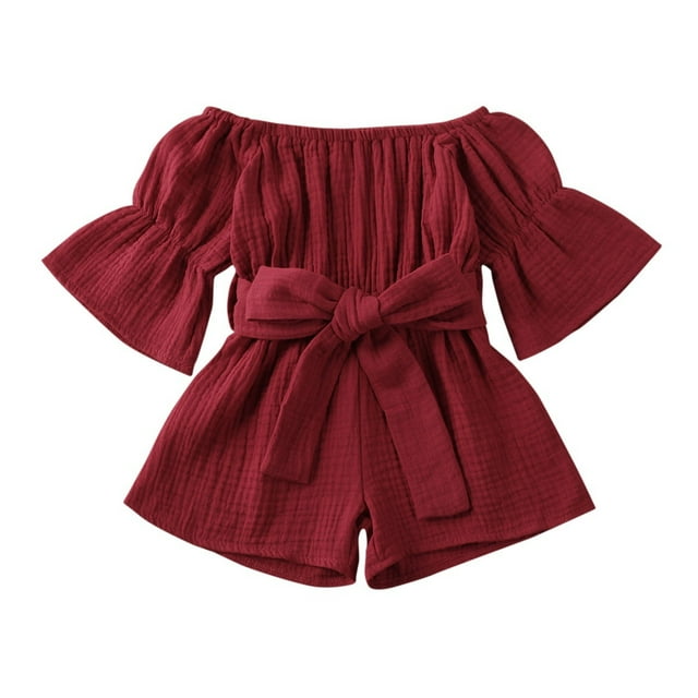 Cute Little Baby Girl Solid Color Off-shoulder Trumpet Sleeve Waist Bandage Jumpsuits