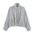 thumbnail image 3 of Women Cropped Gingham Bomber Jacket Plaid Oversized Zip Up Stand Collar with Batwing Sleeves Casual Coat Spring Fall Coat, Navy, L, 3 of 3