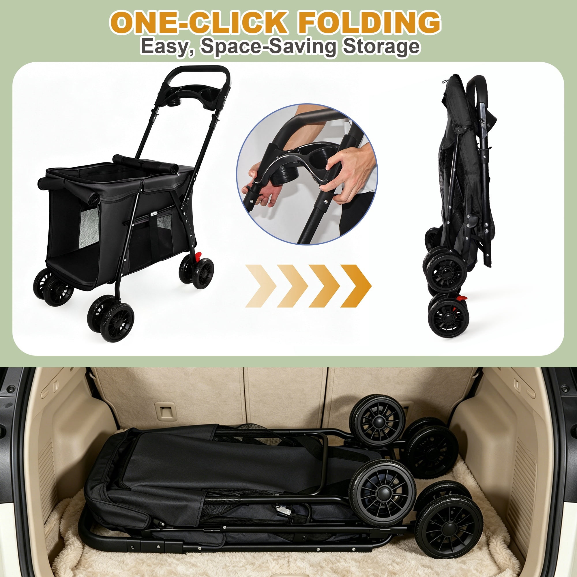4-Wheel Folding Pet Stroller for Small Dogs and Cats, Pet Rolling Carrier with Storage Bag, Breathable Mesh & 2 Safety Leashes
