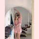thumbnail image 4 of Pijama de rayas para mujer, traje de verano, cárdigan sencillo de manga corta, holgado y cómodo, ropa para el hogar, pijama de seda rosa hielo., 4 of 6