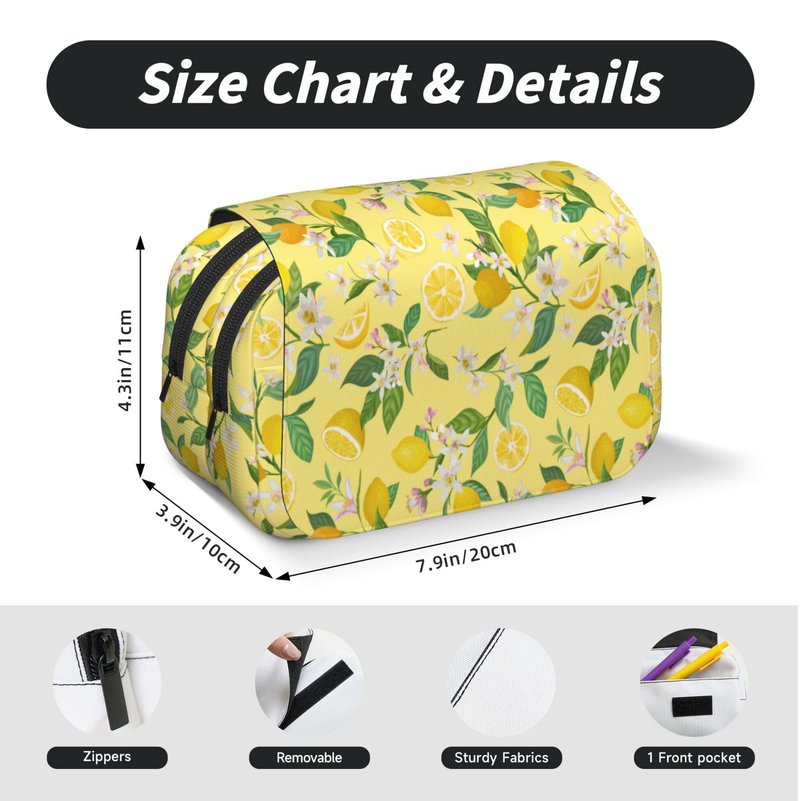 Rateoe Lemon (2) Pattern Double Clamshell Pen Case, Storage Organizer with Two Zipper Compartments– Holds Up to 50 Pencils & Pens