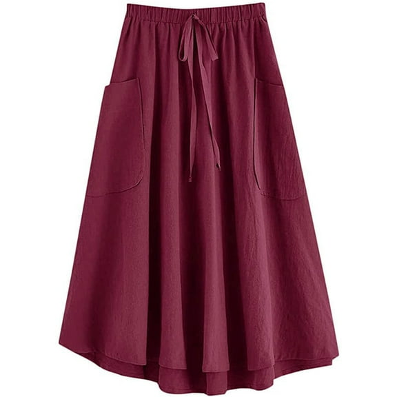 YUEJUIR Skirts for Women Women's Casual High Waist Pleated A Line Midi Skirt with Pocket Skirts Linen Skirt Skirts for Women Trendy Summer (Wine Red,M)