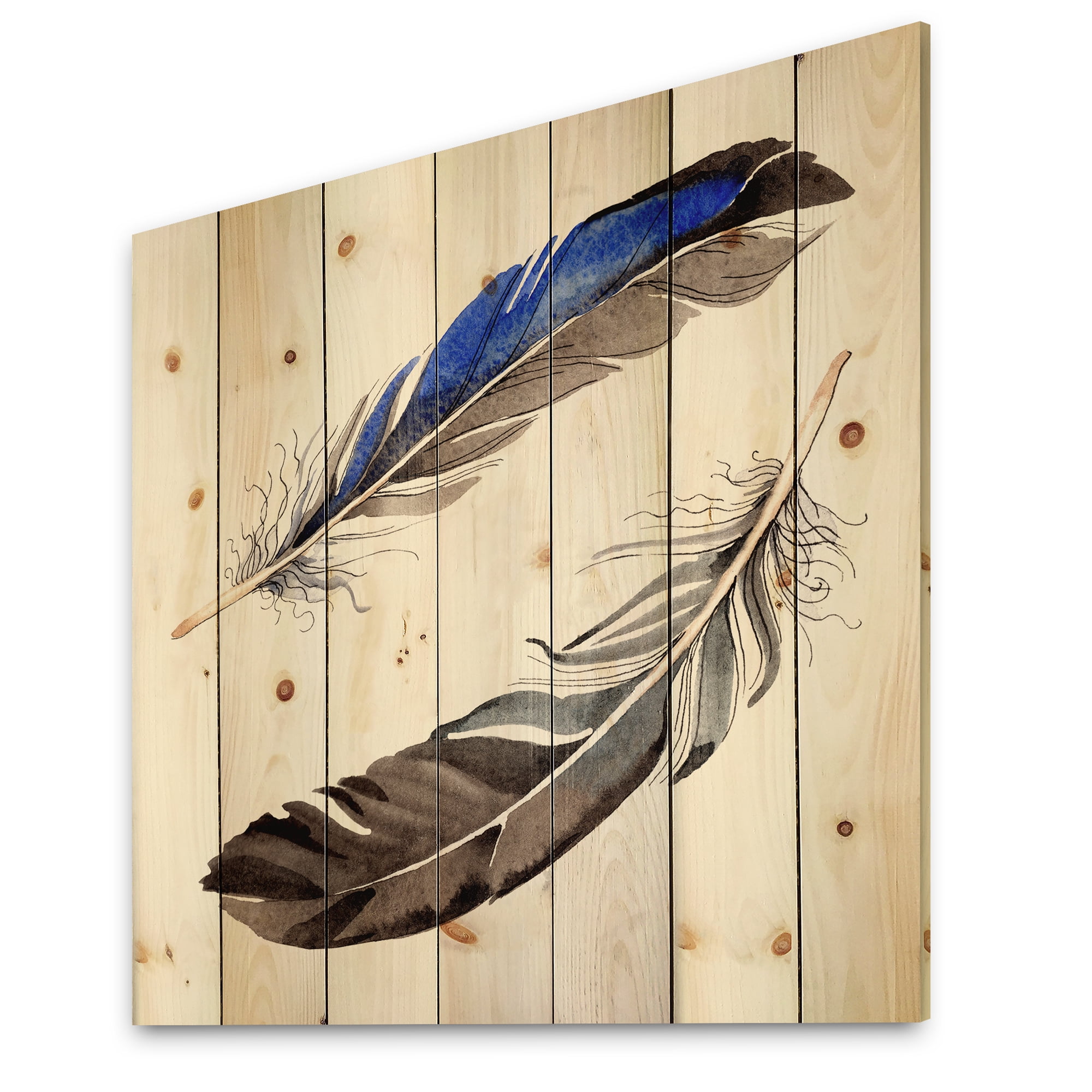 Designart 'Colourful Boho Art Feathers III' Bohemian & Eclectic Print on Natural Pine Wood