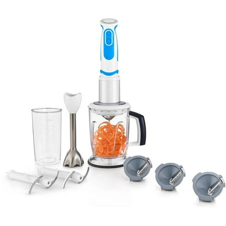 

Spiralizer and Hand Blender with 3 Spiralizing Blades Blending Wand 5-Cup Chopper and Blender