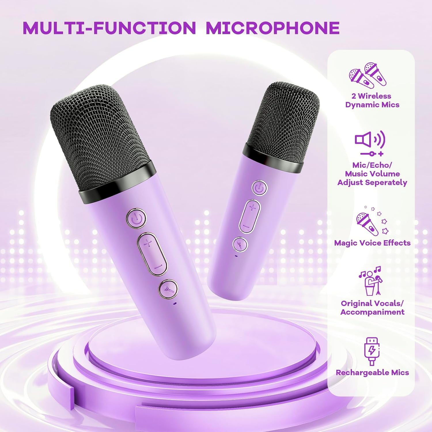 Mini Karaoke Machine with 2 Wireless Microphones,  Christmas Birthday Toy Gift （Purple)